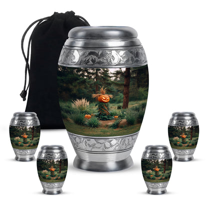 Midnight Black Halloween Cremation Urn detail view - majestic halloween pattern with filigree border - memorial set with one large and four small urns
