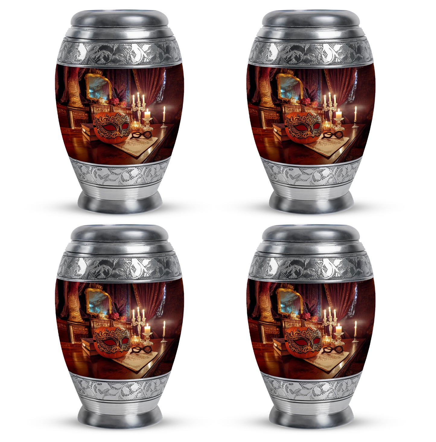 Wine Red Halloween Cremation Urn urn with complimentary velvet bag - ornate monarch-style halloween relief on brushed aluminum - 10 inch aluminum urn for cremated remains