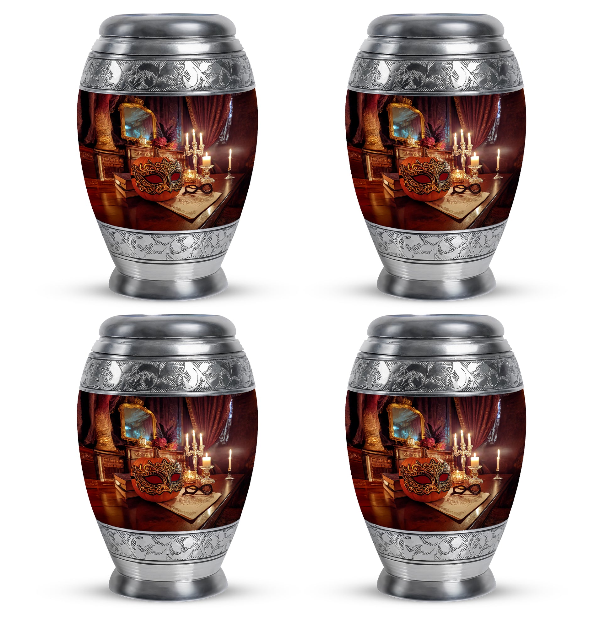 Wine Red Halloween Cremation Urn urn with complimentary velvet bag - ornate monarch-style halloween relief on brushed aluminum - 10 inch aluminum urn for cremated remains