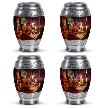 Wine Red Halloween Cremation Urn urn with complimentary velvet bag - ornate monarch-style halloween relief on brushed aluminum - 10 inch aluminum urn for cremated remains