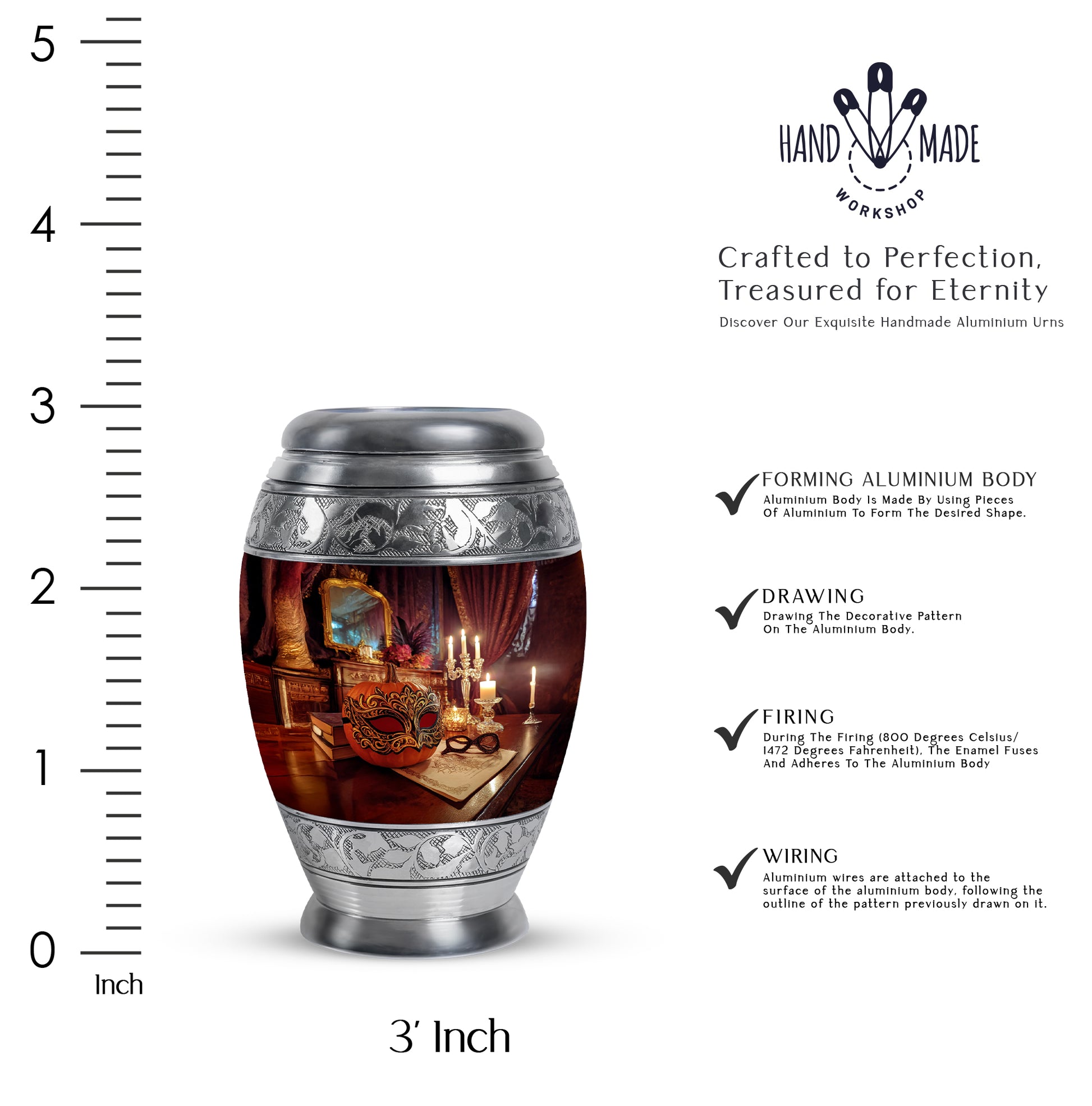 Ruby Red Halloween Cremation Urn lifestyle display on memorial shelf - royal halloween engraving with decorative scrollwork - mini keepsake memorial for portion of cremation ashes