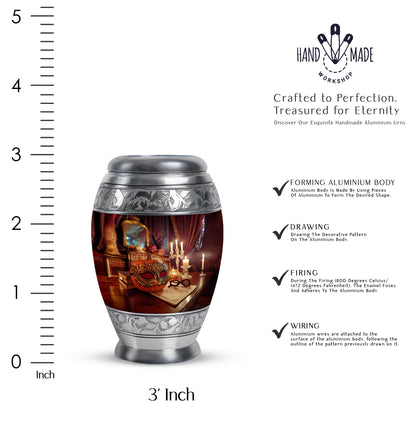 Ruby Red Halloween Cremation Urn lifestyle display on memorial shelf - royal halloween engraving with decorative scrollwork - mini keepsake memorial for portion of cremation ashes