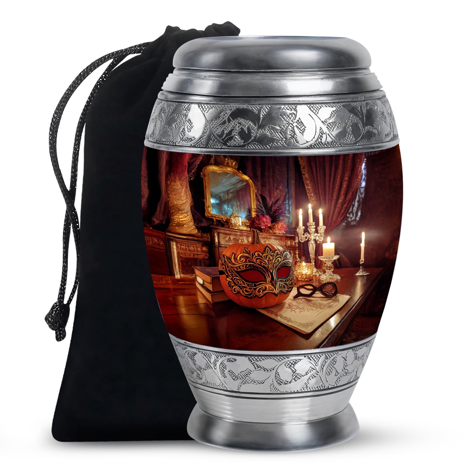 Deep Red Halloween Cremation Urn back view with polished surface - regal halloween design with crown-inspired accents - full-size 10 inch 200 cubic inch adult cremation urn