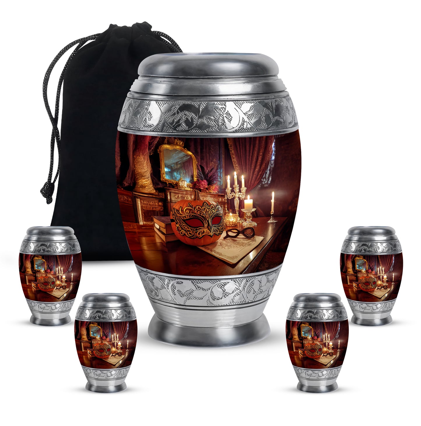 Fiery Red Halloween Cremation Urn detail view - majestic halloween pattern with filigree border - memorial set with one large and four small urns