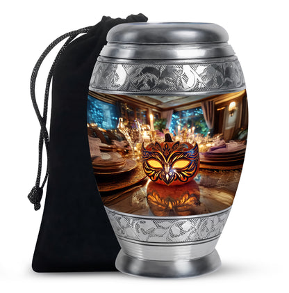 Gilded Gold Halloween Cremation Urn back view with polished surface - regal halloween design with crown-inspired accents - full-size 10 inch 200 cubic inch adult cremation urn