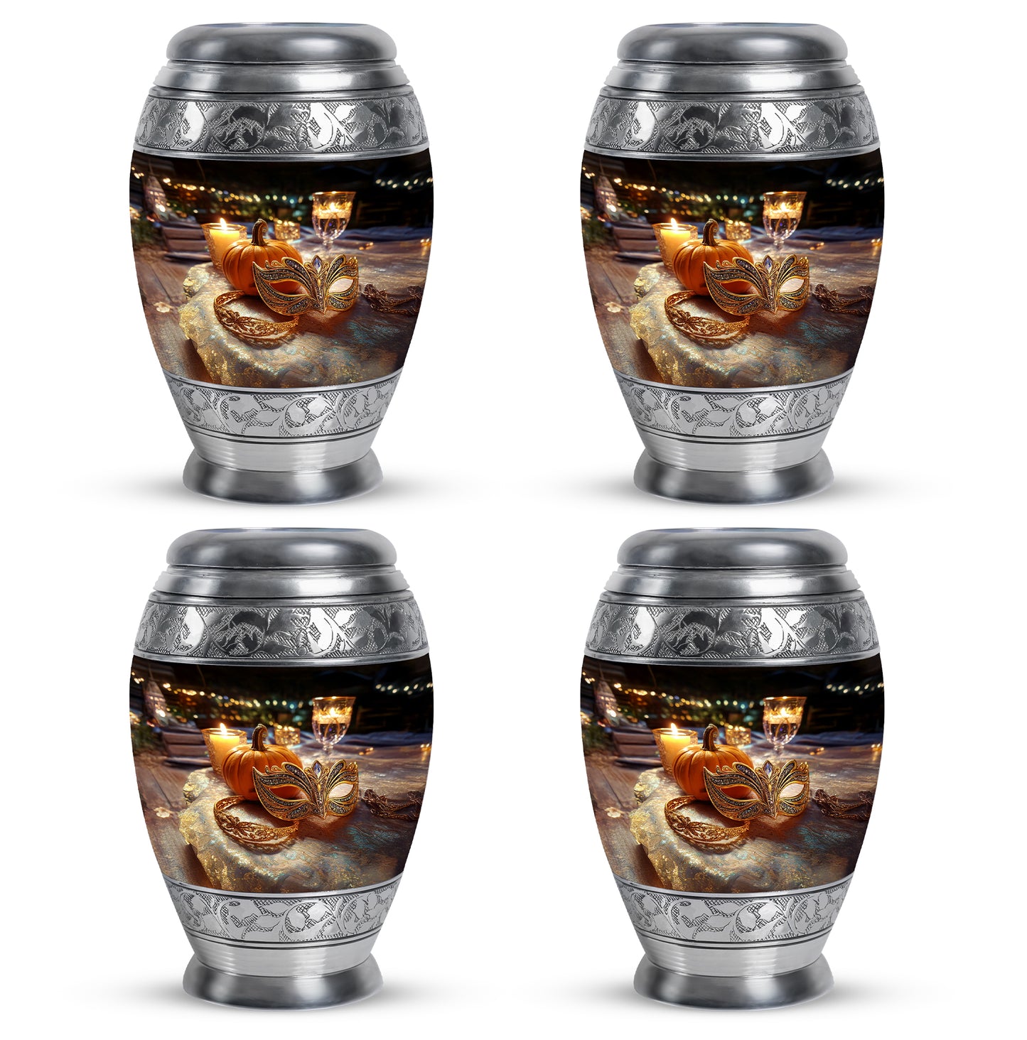 Glossy Black Halloween Cremation Urn urn with complimentary velvet bag - ornate monarch-style halloween relief on brushed aluminum - 10 inch aluminum urn for cremated remains