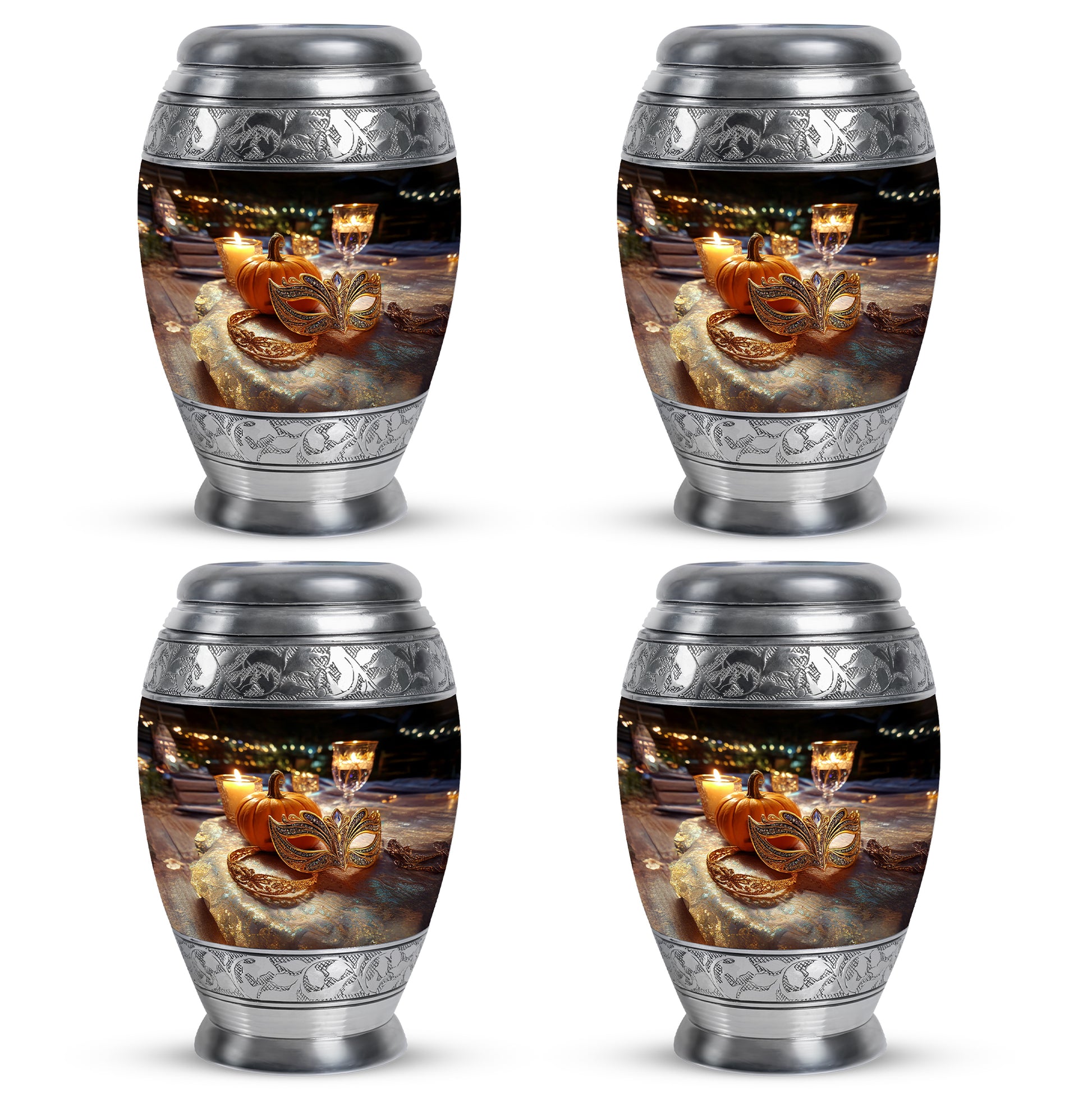 Glossy Black Halloween Cremation Urn urn with complimentary velvet bag - ornate monarch-style halloween relief on brushed aluminum - 10 inch aluminum urn for cremated remains