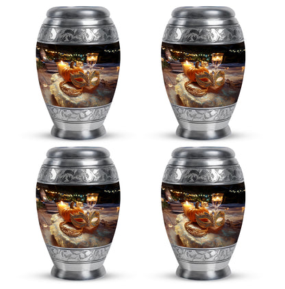 Glossy Black Halloween Cremation Urn urn with complimentary velvet bag - ornate monarch-style halloween relief on brushed aluminum - 10 inch aluminum urn for cremated remains
