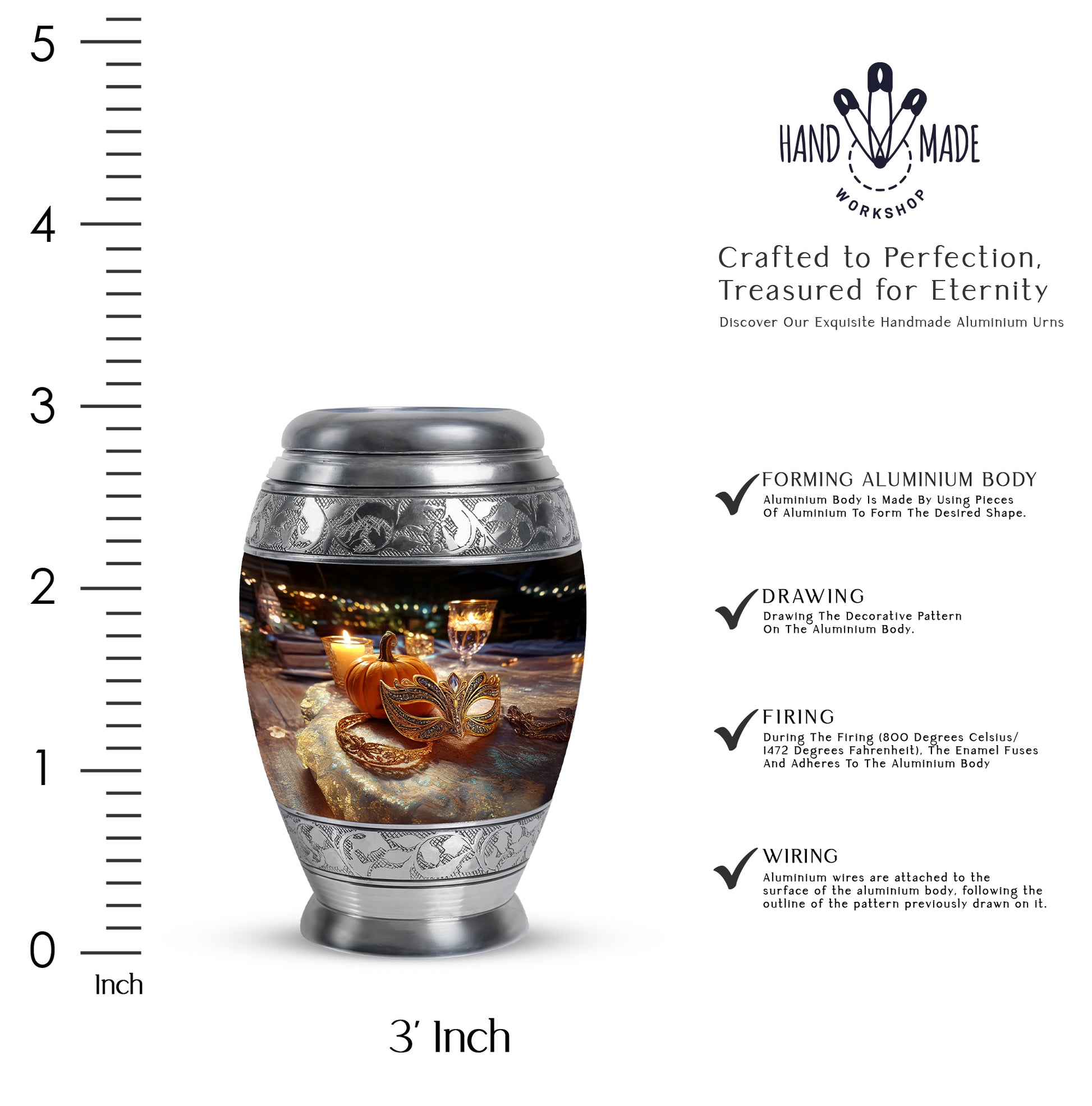 Charcoal Black Halloween Cremation Urn lifestyle display on memorial shelf - majestic halloween pattern with filigree border - mini keepsake memorial for portion of cremation ashes