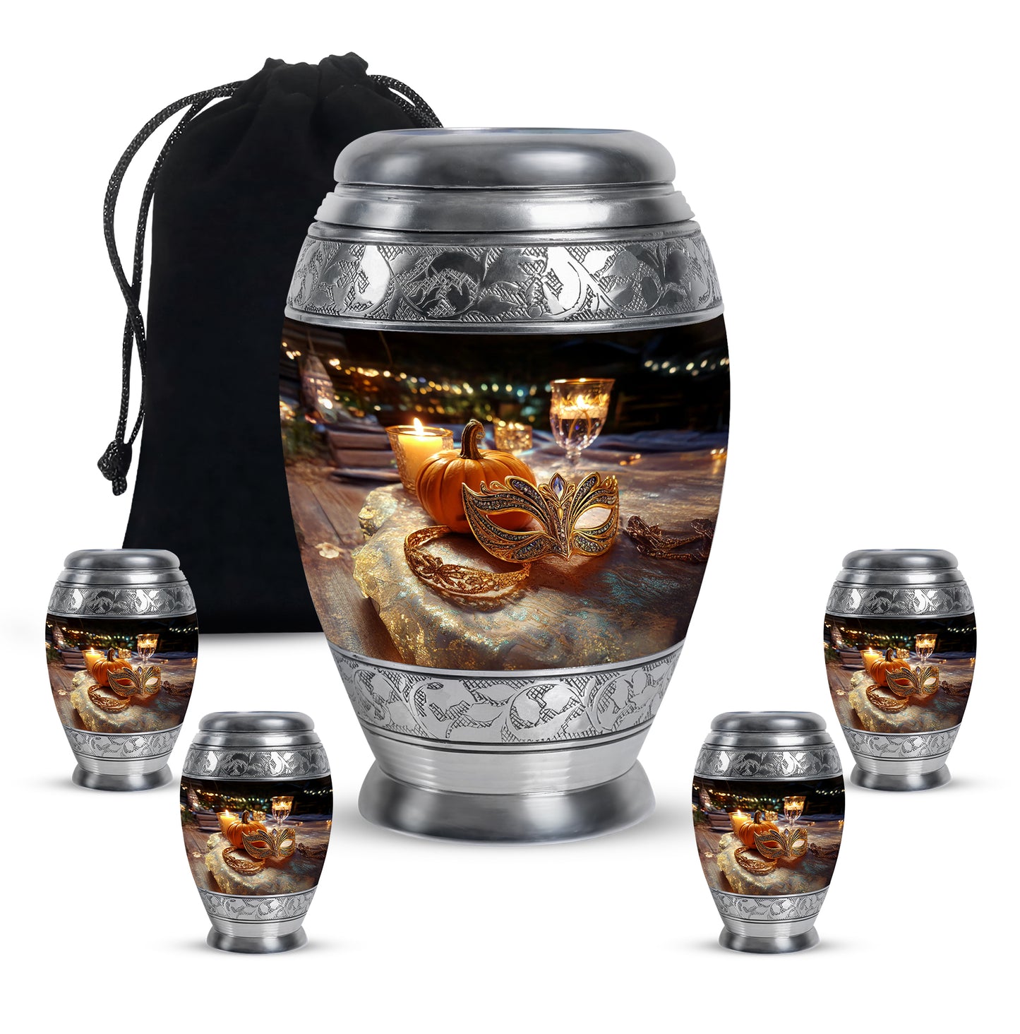 Dark Black Halloween Cremation Urn detail view - royal halloween engraving with decorative scrollwork - memorial set with one large and four small urns