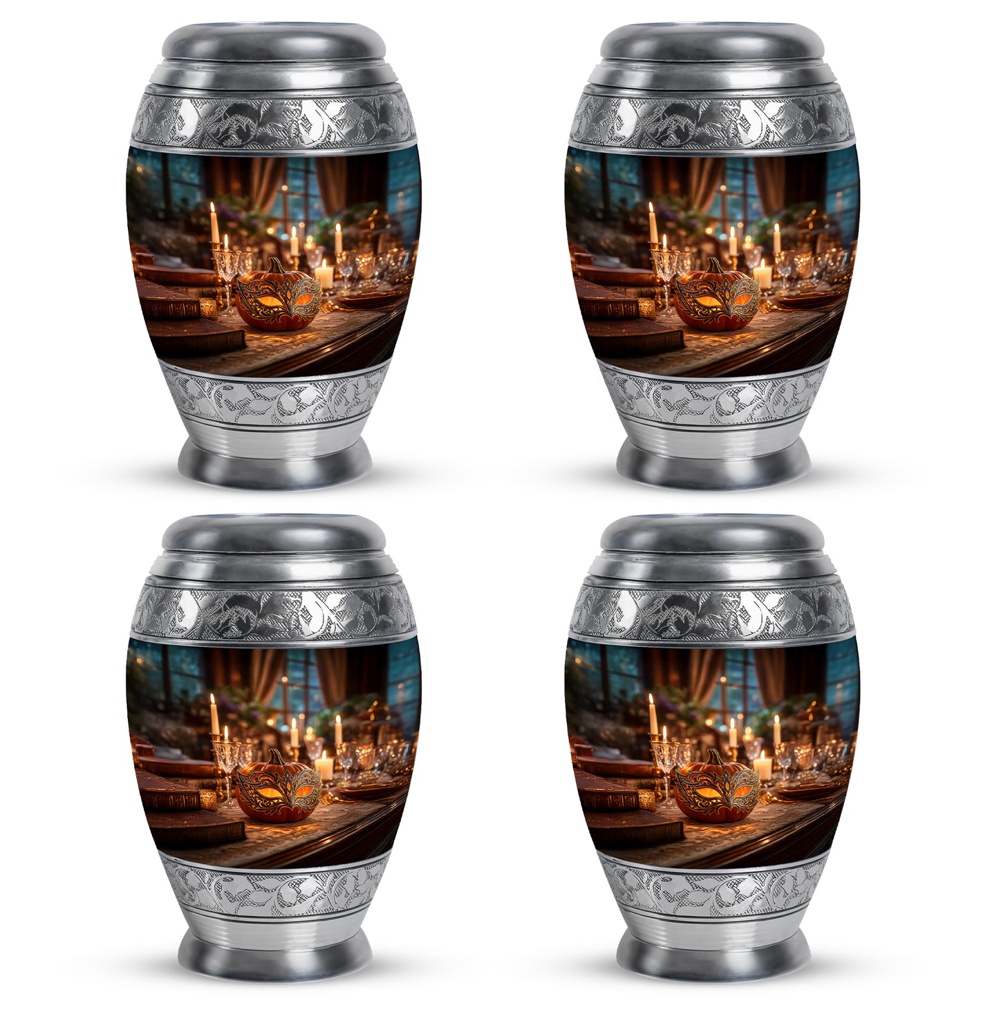 Matte Gold Halloween Cremation Urn urn with complimentary velvet bag - royal halloween engraving with decorative scrollwork - 10 inch aluminum urn for cremated remains