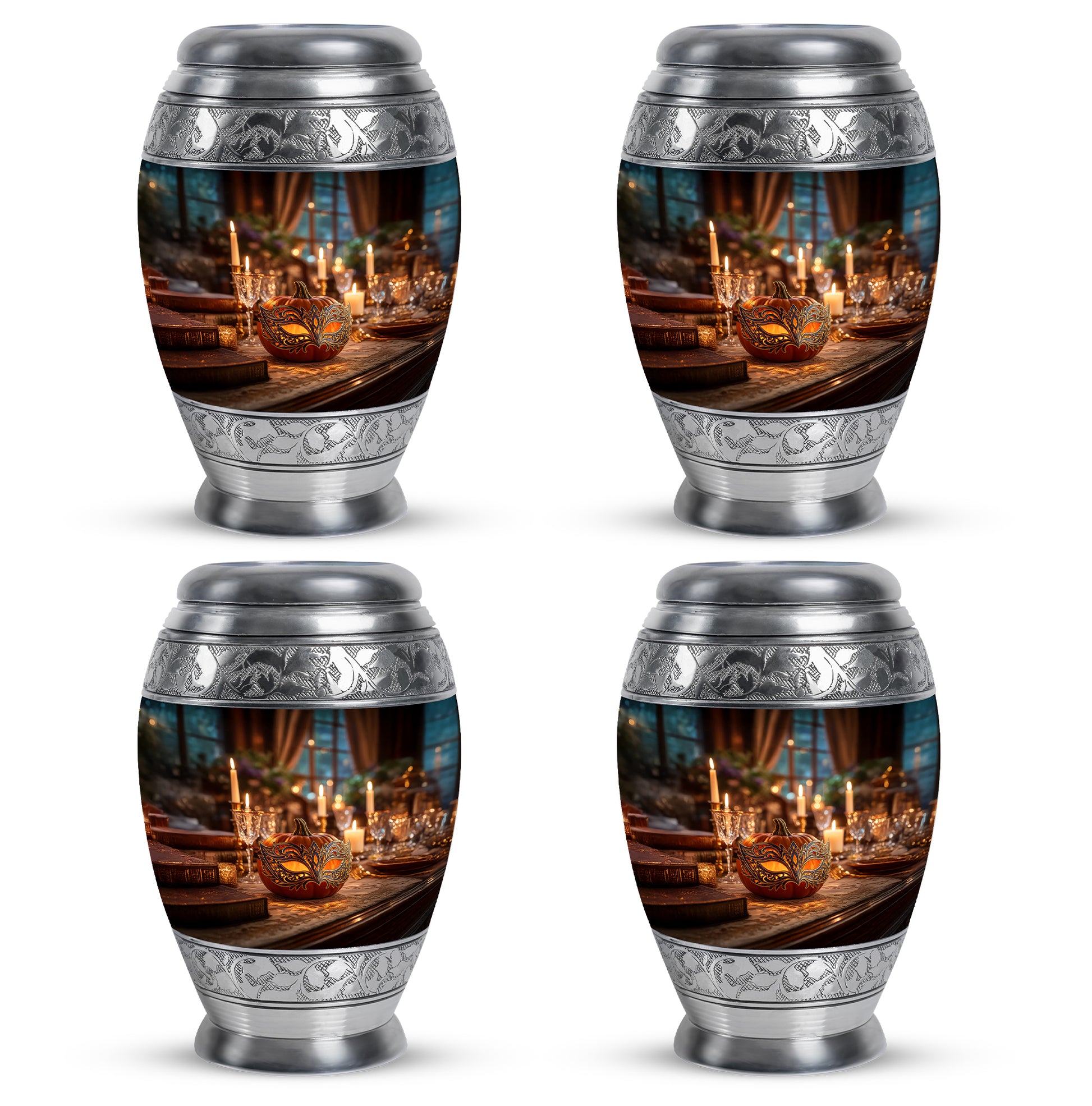Matte Gold Halloween Cremation Urn urn with complimentary velvet bag - royal halloween engraving with decorative scrollwork - 10 inch aluminum urn for cremated remains