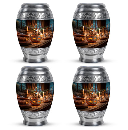 Matte Gold Halloween Cremation Urn urn with complimentary velvet bag - royal halloween engraving with decorative scrollwork - 10 inch aluminum urn for cremated remains