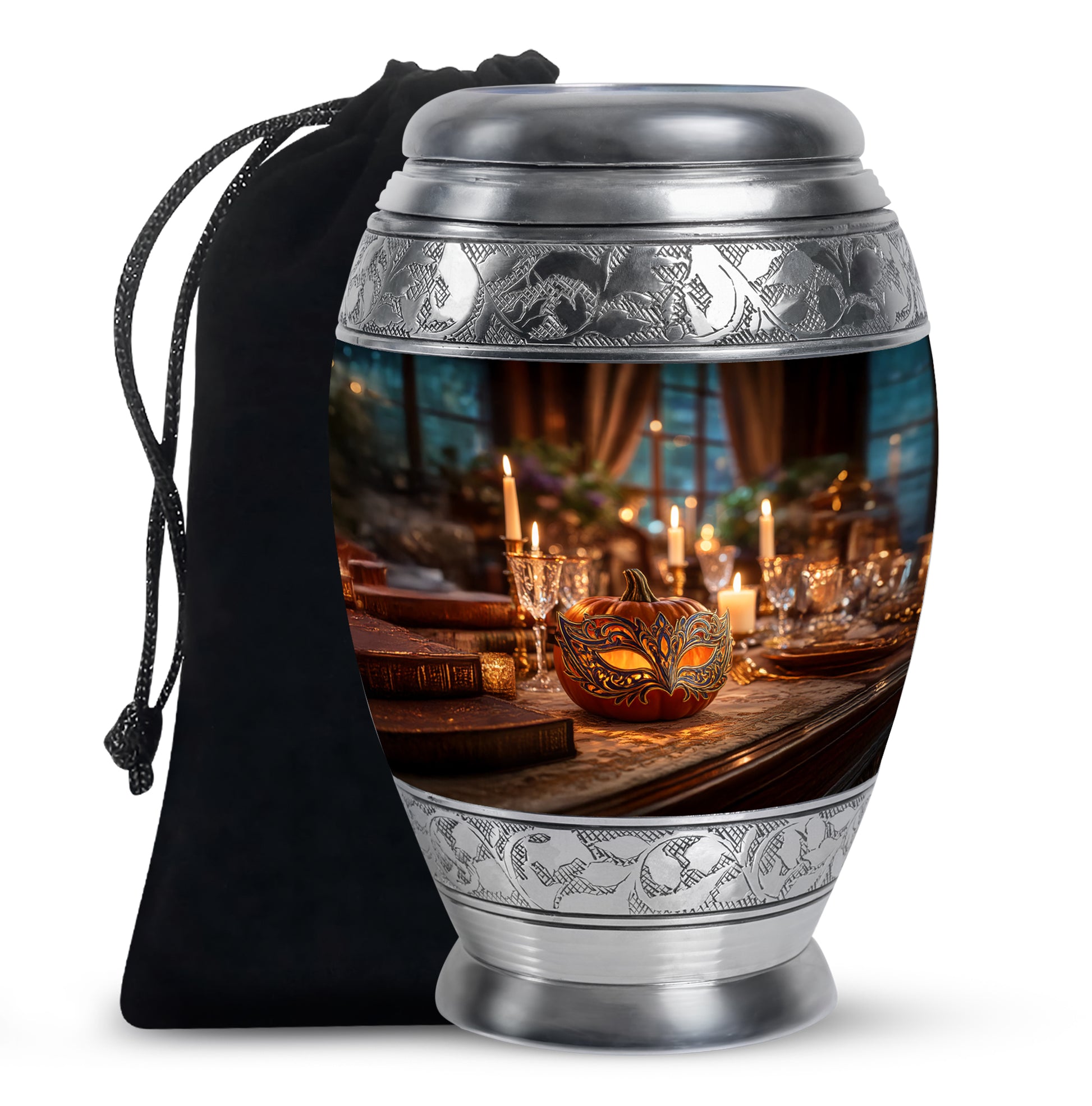 Champagne Gold Halloween Cremation Urn back view with polished surface - regal halloween design with crown-inspired accents - full-size 10 inch 200 cubic inch adult cremation urn