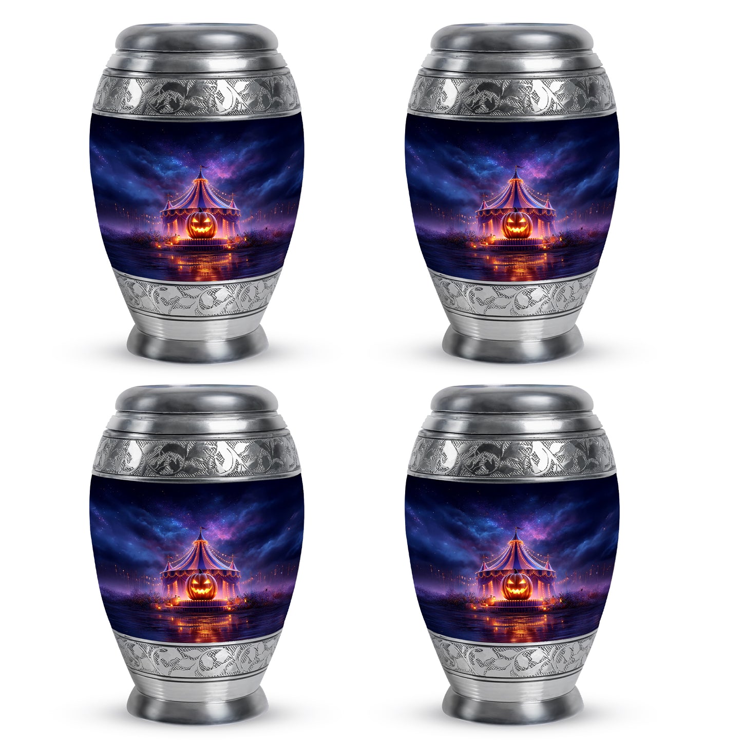 Calming Blue Halloween Cremation Urn urn with complimentary velvet bag - royal halloween engraving with decorative scrollwork - 10 inch aluminum urn for cremated remains