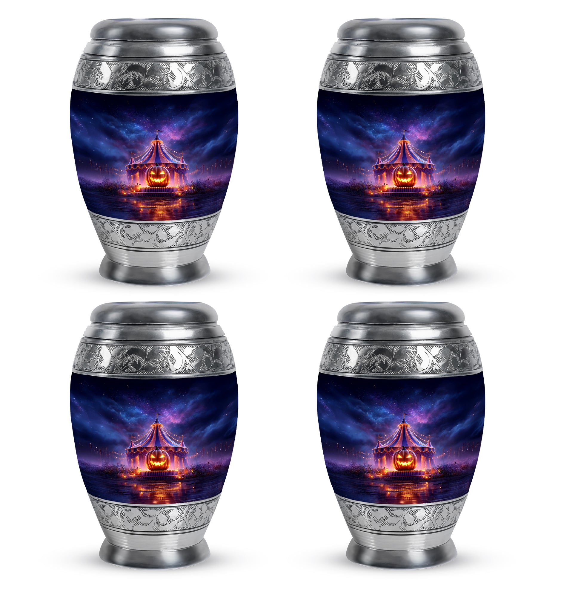 Calming Blue Halloween Cremation Urn urn with complimentary velvet bag - royal halloween engraving with decorative scrollwork - 10 inch aluminum urn for cremated remains