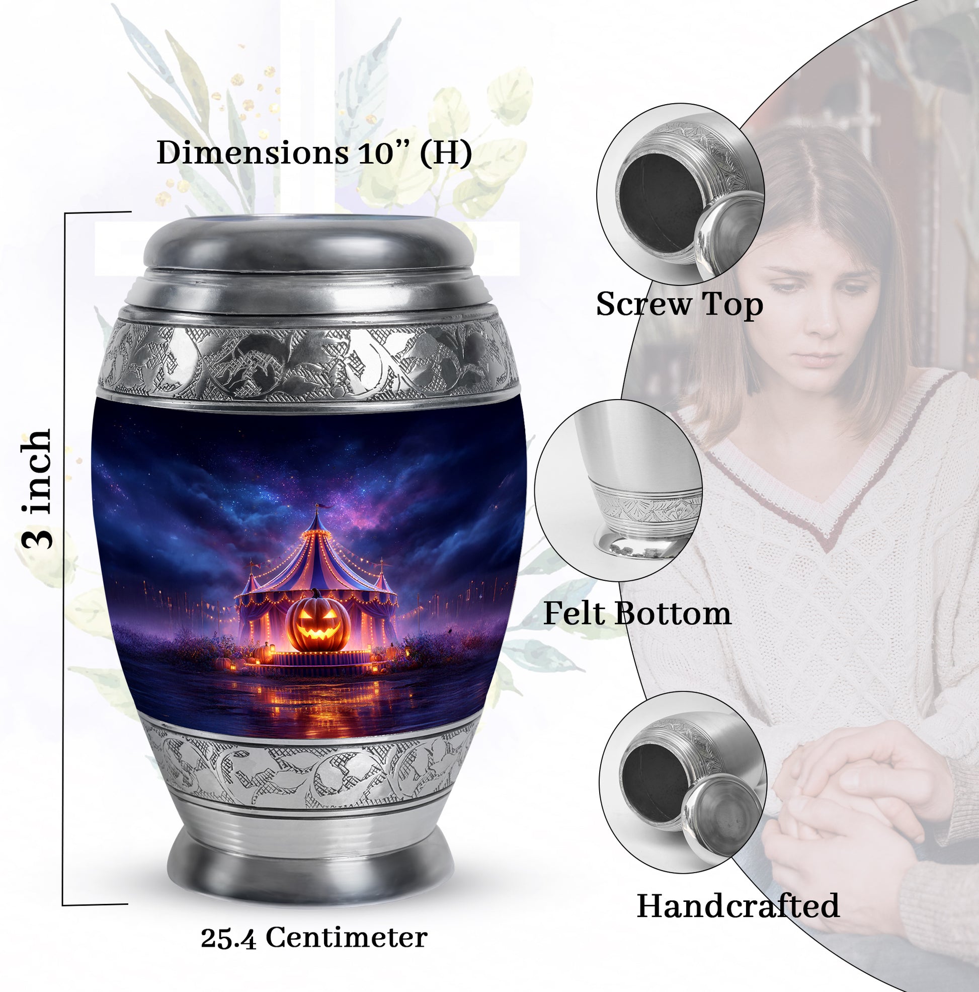 Vivid Blue Halloween Cremation Urn lifestyle display on memorial shelf - majestic halloween pattern with filigree border - mini keepsake memorial for portion of cremation ashes