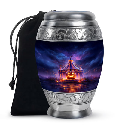 Serene Blue Halloween Cremation Urn back view with polished surface - majestic halloween pattern with filigree border - full-size 10 inch 200 cubic inch adult cremation urn