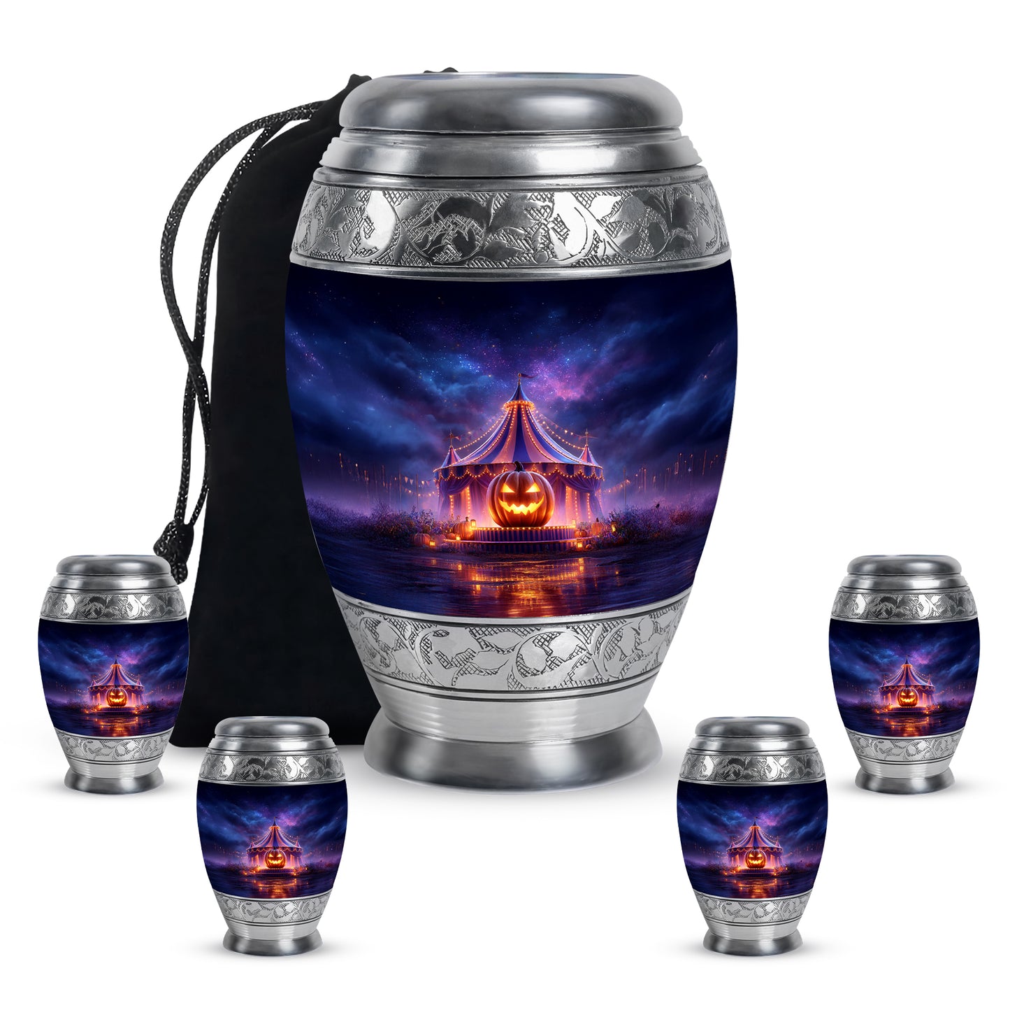 Serene Blue Halloween Cremation Urn detail view - royal halloween engraving with decorative scrollwork - memorial set with one large and four small urns