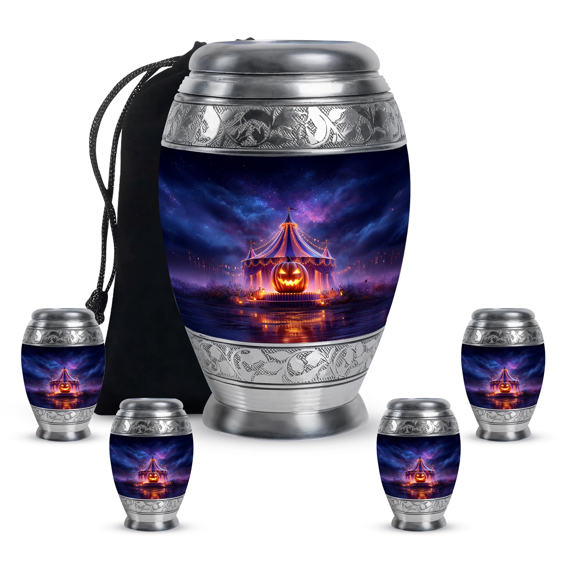 Serene Blue Halloween Cremation Urn detail view - royal halloween engraving with decorative scrollwork - memorial set with one large and four small urns