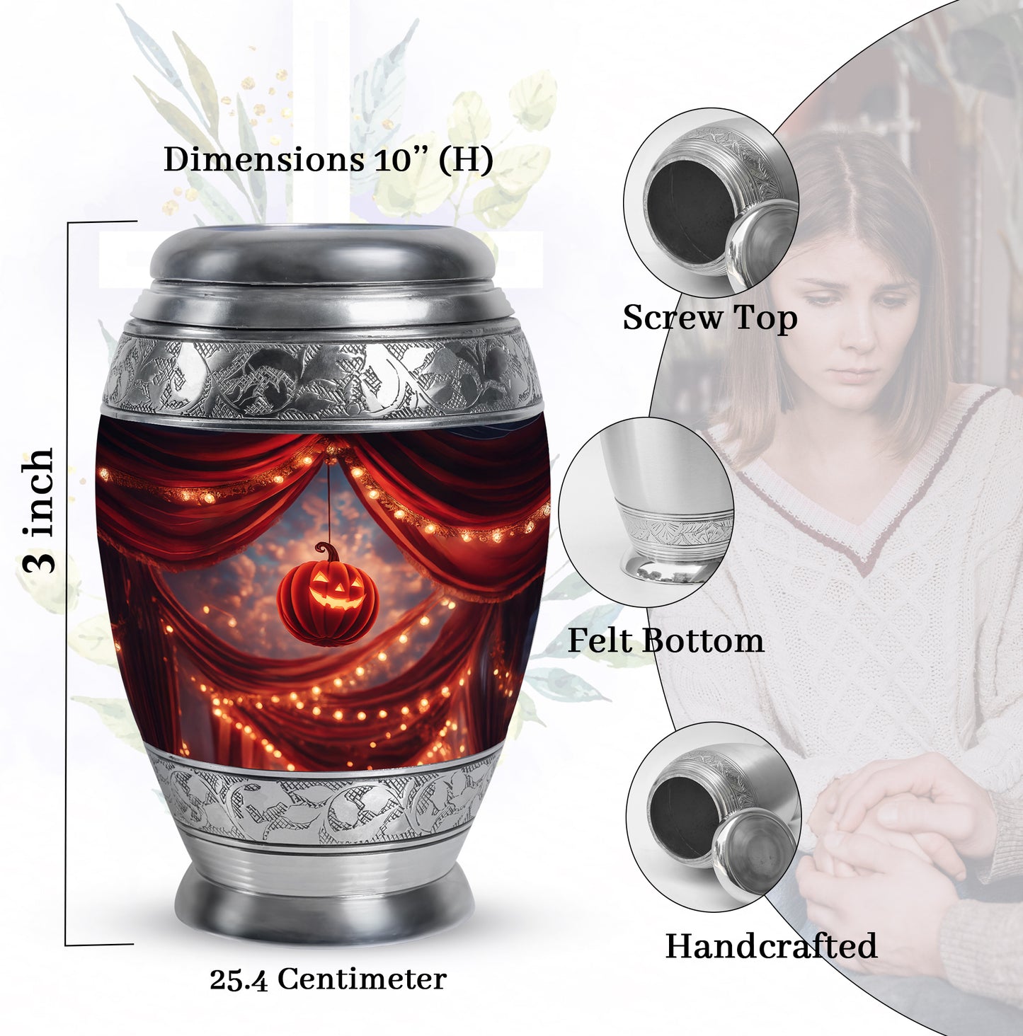 Burgundy Red Halloween Cremation Urn lifestyle display on memorial shelf - ornate monarch-style halloween relief on brushed aluminum - mini keepsake memorial for portion of cremation ashes