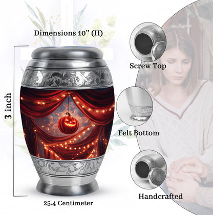 Burgundy Red Halloween Cremation Urn lifestyle display on memorial shelf - ornate monarch-style halloween relief on brushed aluminum - mini keepsake memorial for portion of cremation ashes