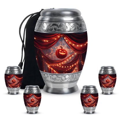 Deep Red Halloween Cremation Urn detail view - regal halloween design with crown-inspired accents - memorial set with one large and four small urns