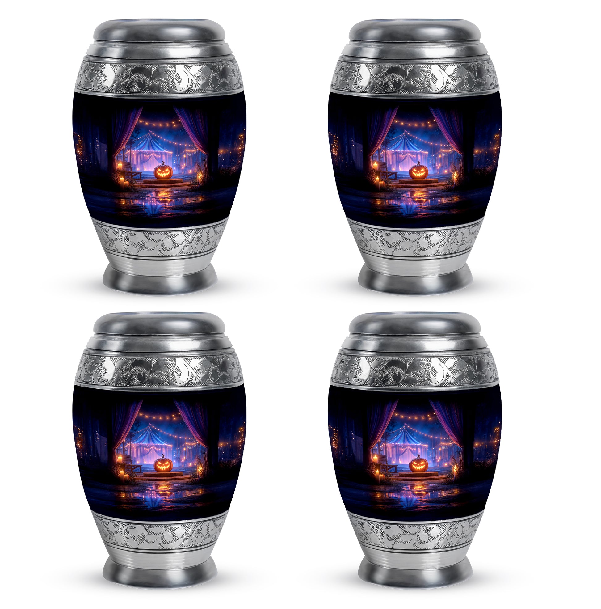 Jet Black Halloween Cremation Urn urn with complimentary velvet bag - regal halloween design with crown-inspired accents - 10 inch aluminum urn for cremated remains