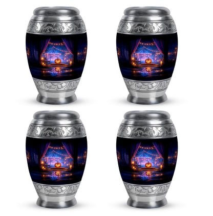 Jet Black Halloween Cremation Urn urn with complimentary velvet bag - regal halloween design with crown-inspired accents - 10 inch aluminum urn for cremated remains