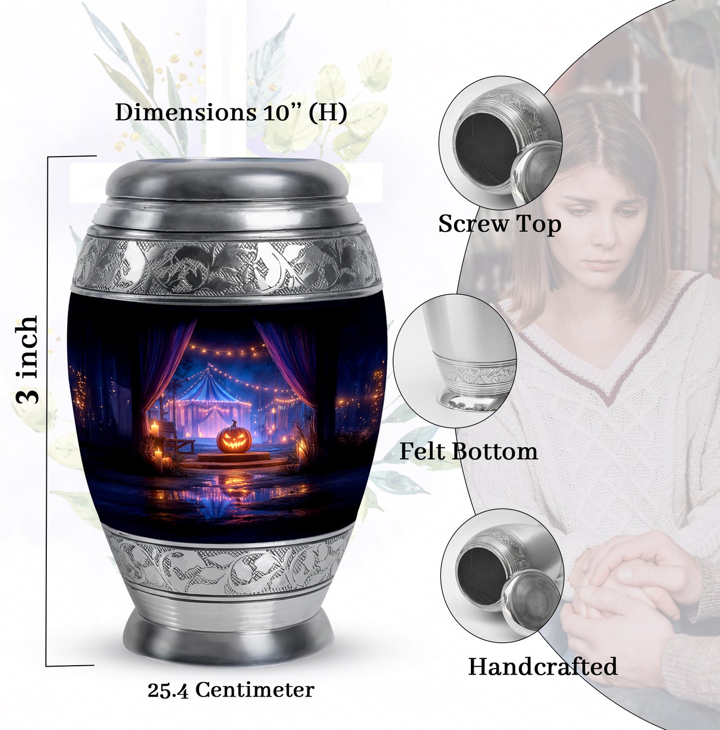 Onyx Black Halloween Cremation Urn lifestyle display on memorial shelf - majestic halloween pattern with filigree border - mini keepsake memorial for portion of cremation ashes