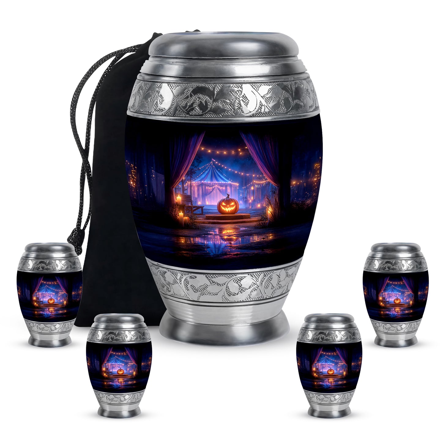 Glossy Black Halloween Cremation Urn detail view - ornate monarch-style halloween relief on brushed aluminum - memorial set with one large and four small urns