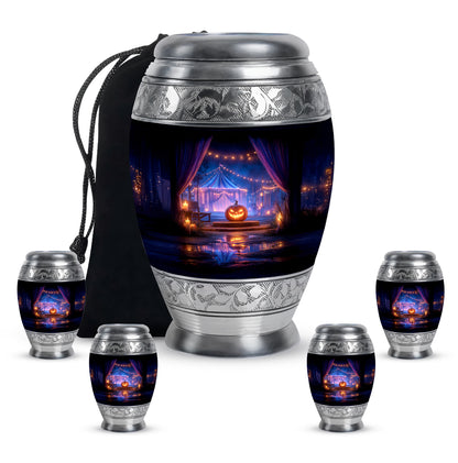 Glossy Black Halloween Cremation Urn detail view - ornate monarch-style halloween relief on brushed aluminum - memorial set with one large and four small urns
