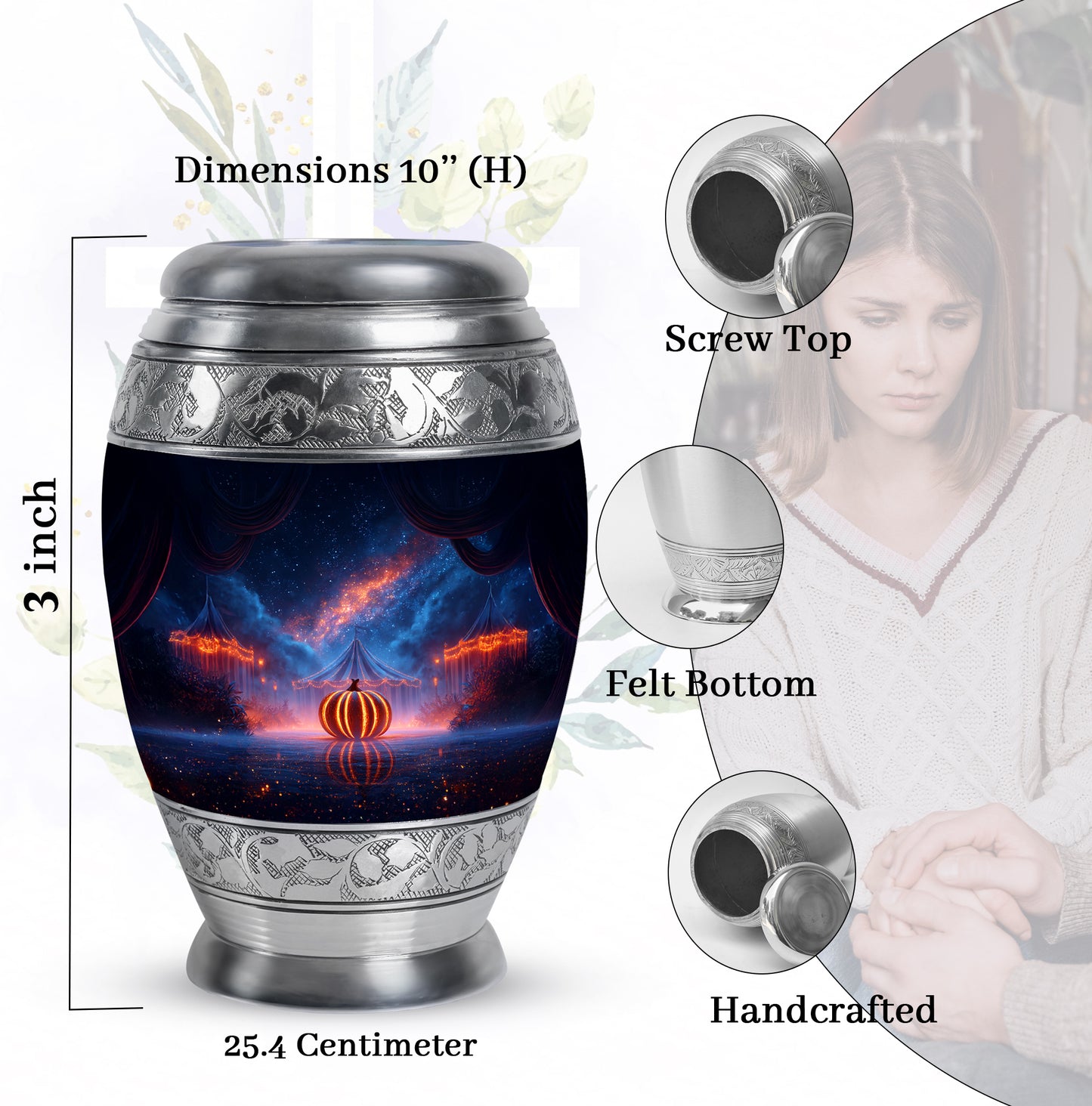 Soft Blue Halloween Cremation Urn lifestyle display on memorial shelf - royal halloween engraving with decorative scrollwork - mini keepsake memorial for portion of cremation ashes