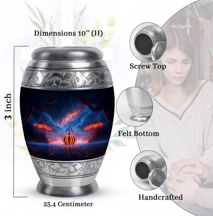 Soft Blue Halloween Cremation Urn lifestyle display on memorial shelf - royal halloween engraving with decorative scrollwork - mini keepsake memorial for portion of cremation ashes