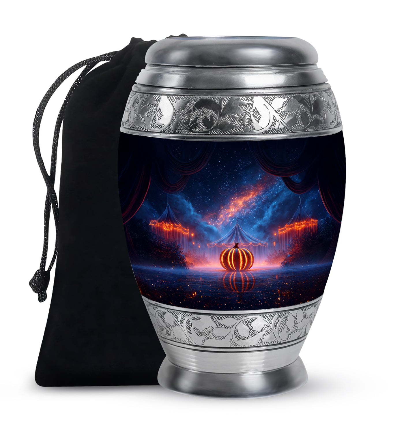 Dusty Blue Halloween Cremation Urn back view with polished surface - regal halloween design with crown-inspired accents - full-size 10 inch 200 cubic inch adult cremation urn