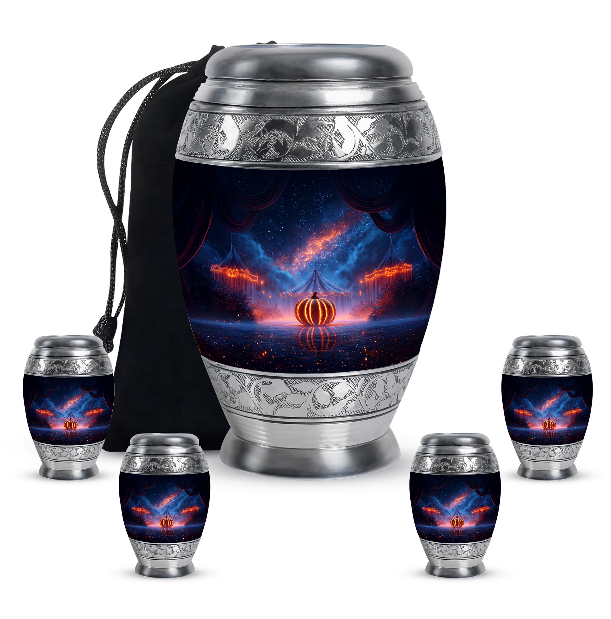 Pastel Blue Halloween Cremation Urn detail view - regal halloween design with crown-inspired accents - memorial set with one large and four small urns