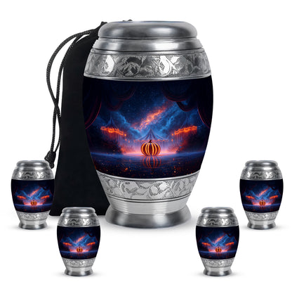 Pastel Blue Halloween Cremation Urn detail view - regal halloween design with crown-inspired accents - memorial set with one large and four small urns