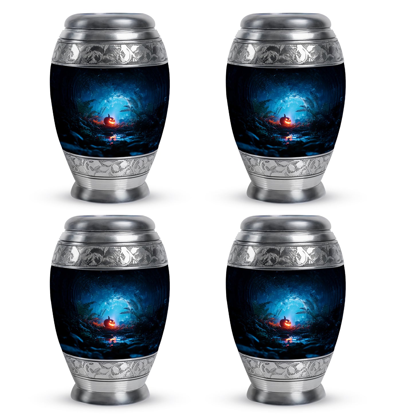 Midnight Black Halloween Cremation Urn urn with complimentary velvet bag - majestic halloween pattern with filigree border - 10 inch aluminum urn for cremated remains