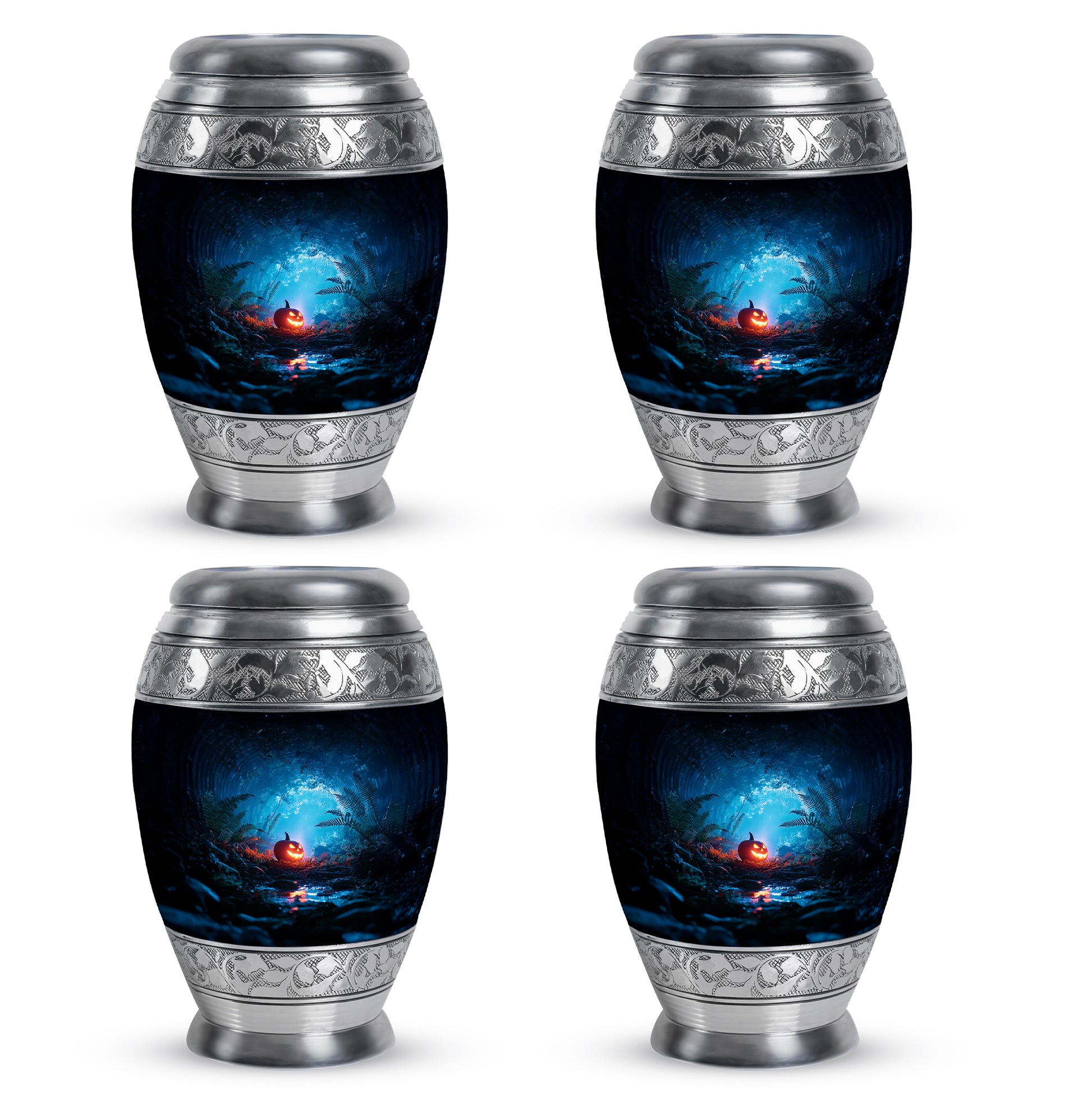 Midnight Black Halloween Cremation Urn urn with complimentary velvet bag - majestic halloween pattern with filigree border - 10 inch aluminum urn for cremated remains