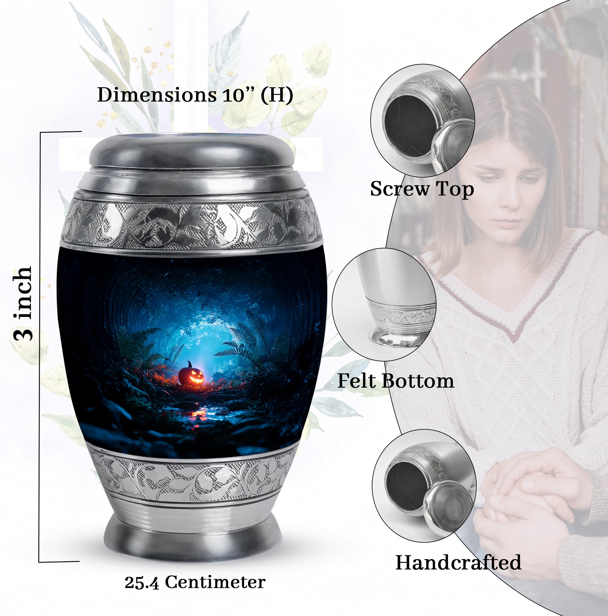 Rich Black Halloween Cremation Urn lifestyle display on memorial shelf - ornate monarch-style halloween relief on brushed aluminum - mini keepsake memorial for portion of cremation ashes