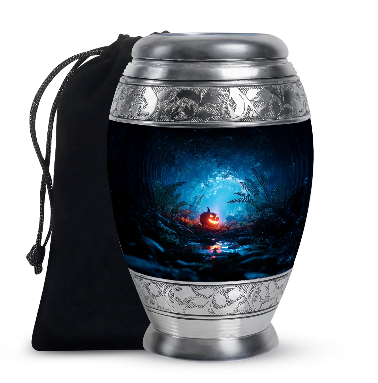 Ebony Halloween Cremation Urn back view with polished surface - regal halloween design with crown-inspired accents - full-size 10 inch 200 cubic inch adult cremation urn