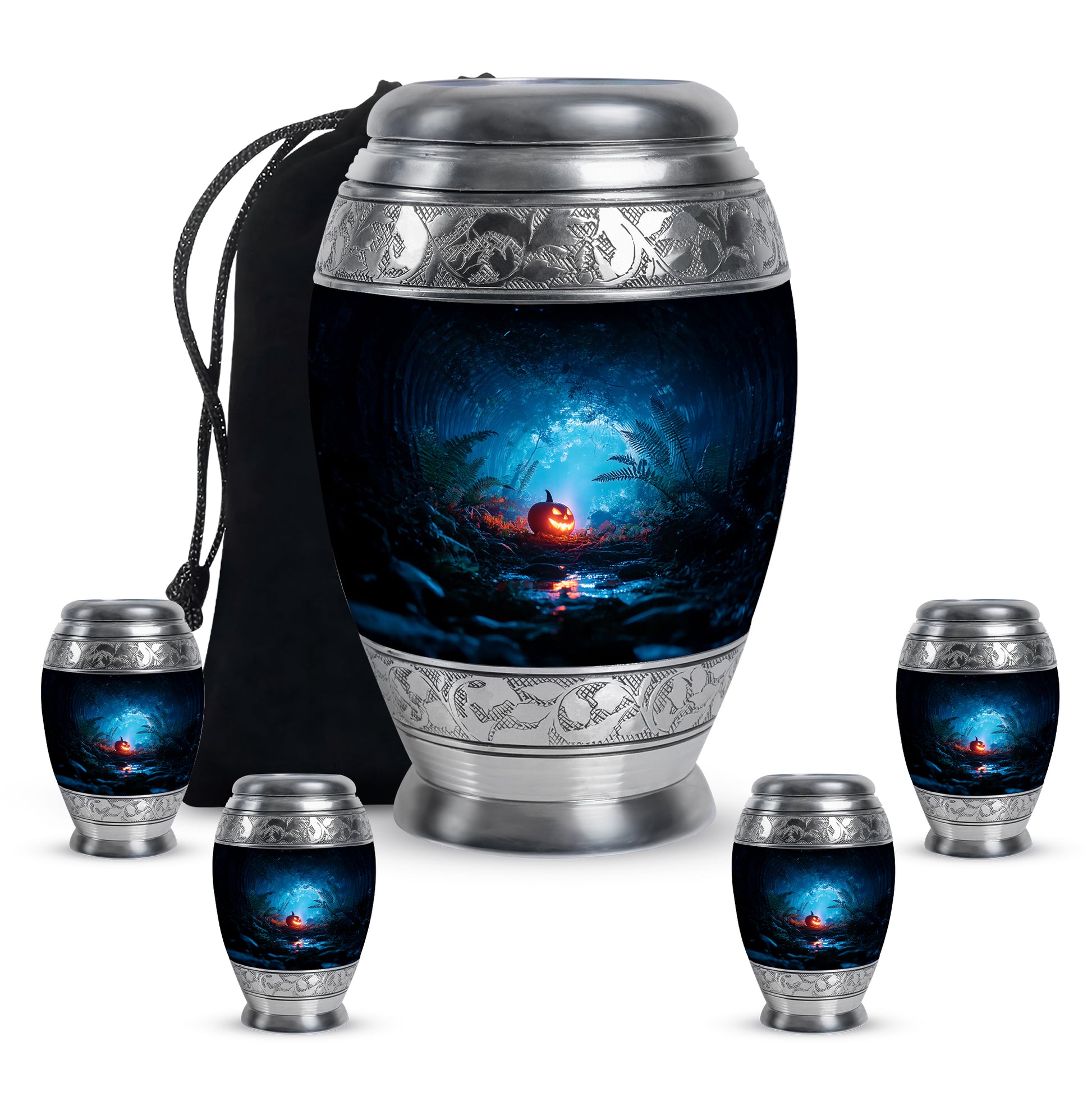 Onyx Black Halloween Cremation Urn detail view - majestic halloween pattern with filigree border - memorial set with one large and four small urns