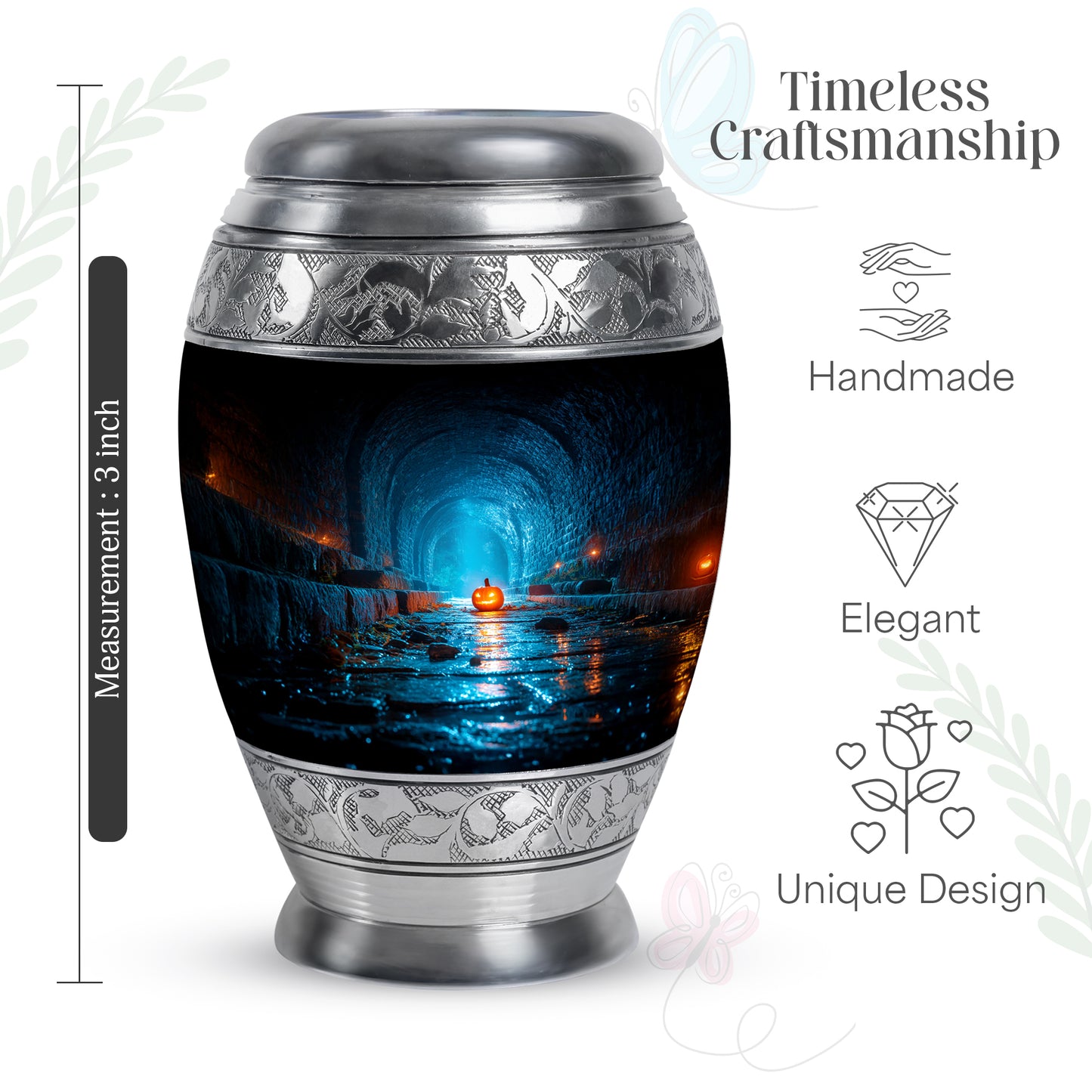 Glossy Black Halloween Cremation Urn lifestyle display on memorial shelf - ornate monarch-style halloween relief on brushed aluminum - mini keepsake memorial for portion of cremation ashes
