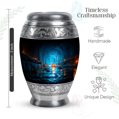 Glossy Black Halloween Cremation Urn lifestyle display on memorial shelf - ornate monarch-style halloween relief on brushed aluminum - mini keepsake memorial for portion of cremation ashes