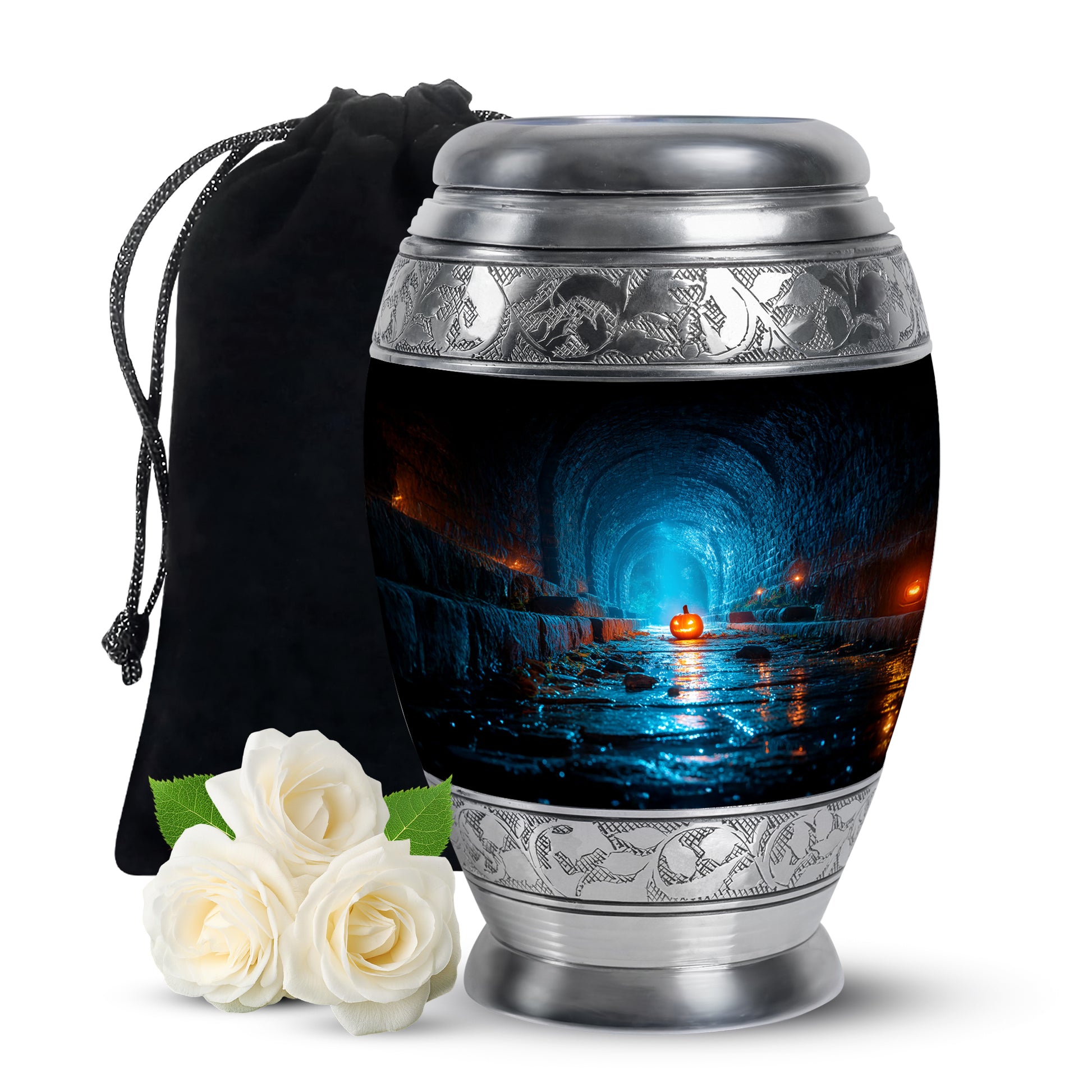 Ebony Halloween Cremation Urn back view with polished surface - regal halloween design with crown-inspired accents - full-size 10 inch 200 cubic inch adult cremation urn