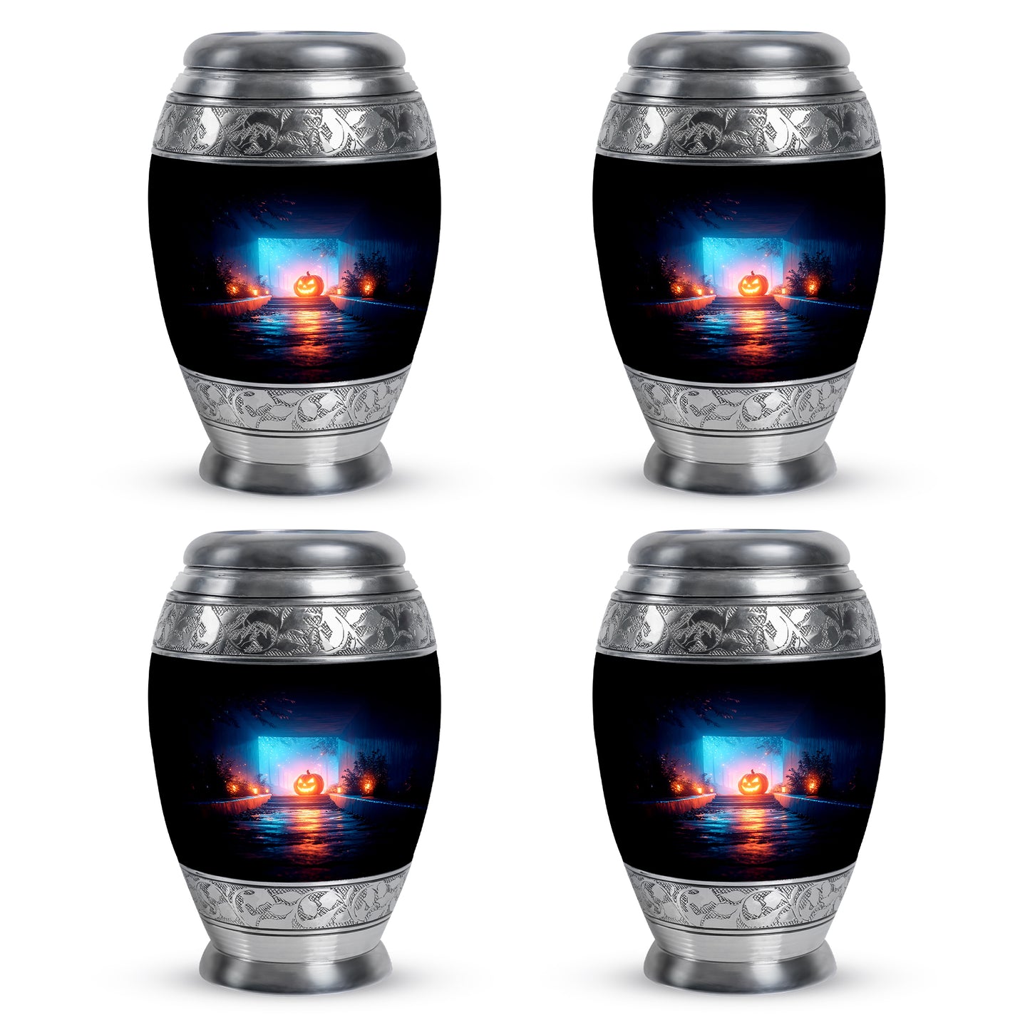 Onyx Black Halloween Cremation Urn urn with complimentary velvet bag - royal halloween engraving with decorative scrollwork - 10 inch aluminum urn for cremated remains