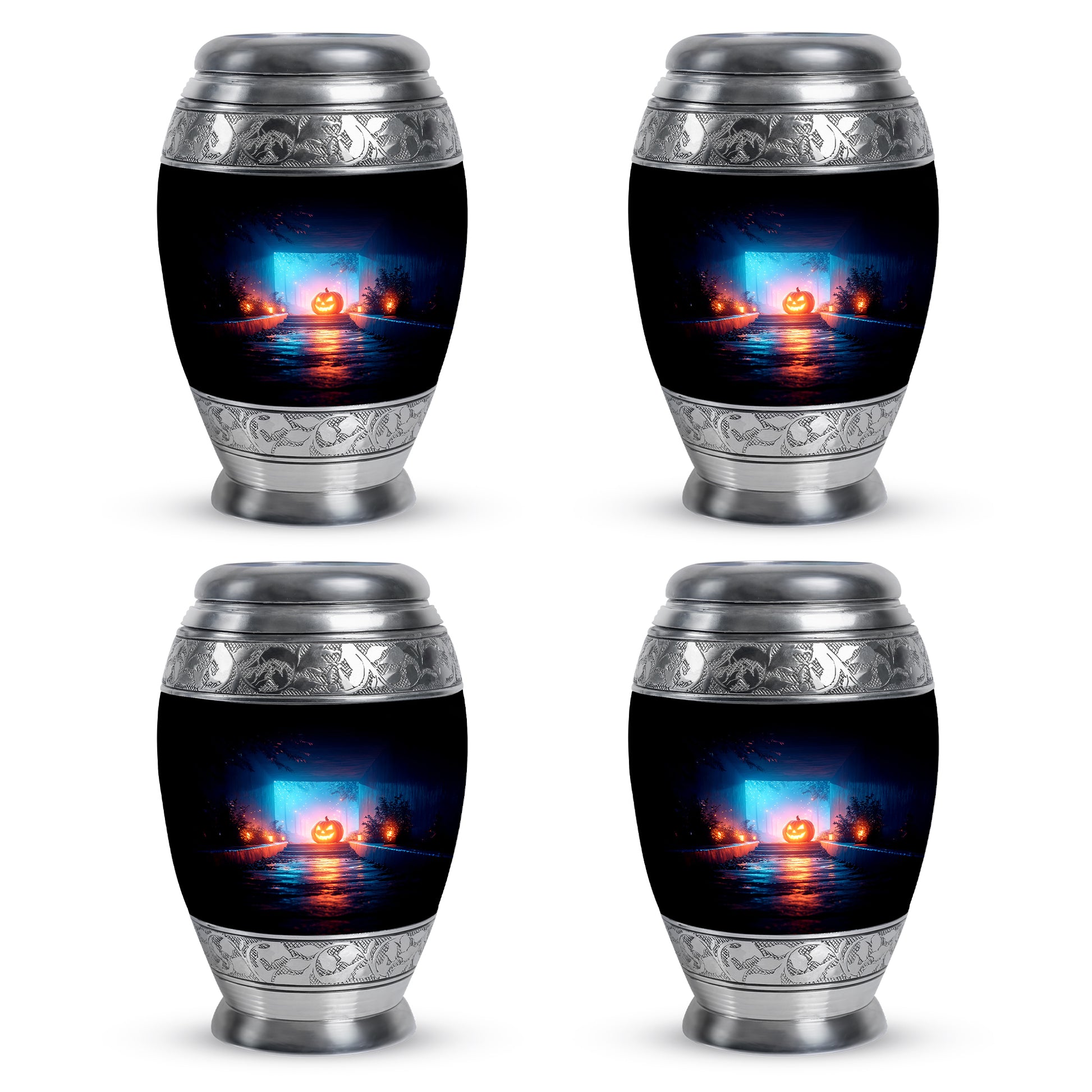 Onyx Black Halloween Cremation Urn urn with complimentary velvet bag - royal halloween engraving with decorative scrollwork - 10 inch aluminum urn for cremated remains
