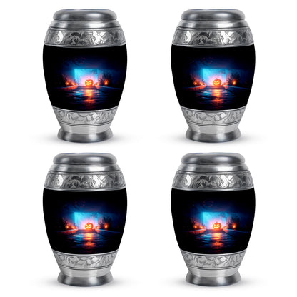 Onyx Black Halloween Cremation Urn urn with complimentary velvet bag - royal halloween engraving with decorative scrollwork - 10 inch aluminum urn for cremated remains
