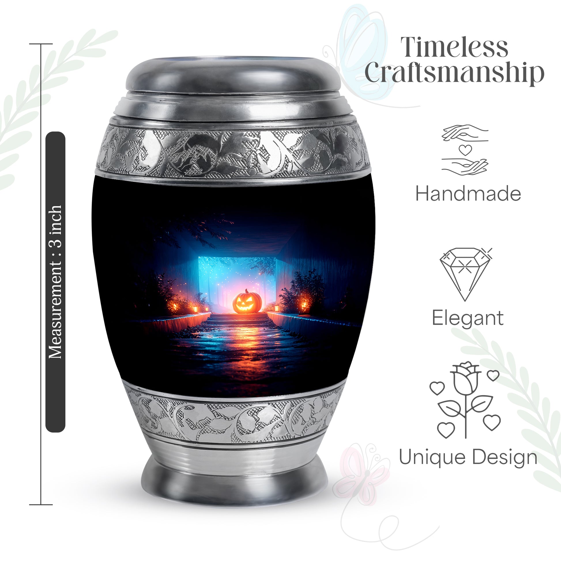 Midnight Black Halloween Cremation Urn lifestyle display on memorial shelf - majestic halloween pattern with filigree border - mini keepsake memorial for portion of cremation ashes