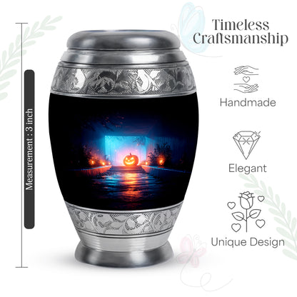 Midnight Black Halloween Cremation Urn lifestyle display on memorial shelf - majestic halloween pattern with filigree border - mini keepsake memorial for portion of cremation ashes